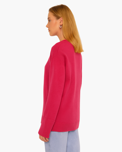 Pull Oversize Femme Col Rond Maille Unie rose fuchsia - vue de côté - Melvoire