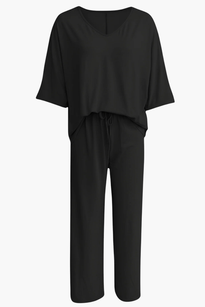 Ensemble Femme 2 Pièces – Haut Col V et Pantalon Large Fluide