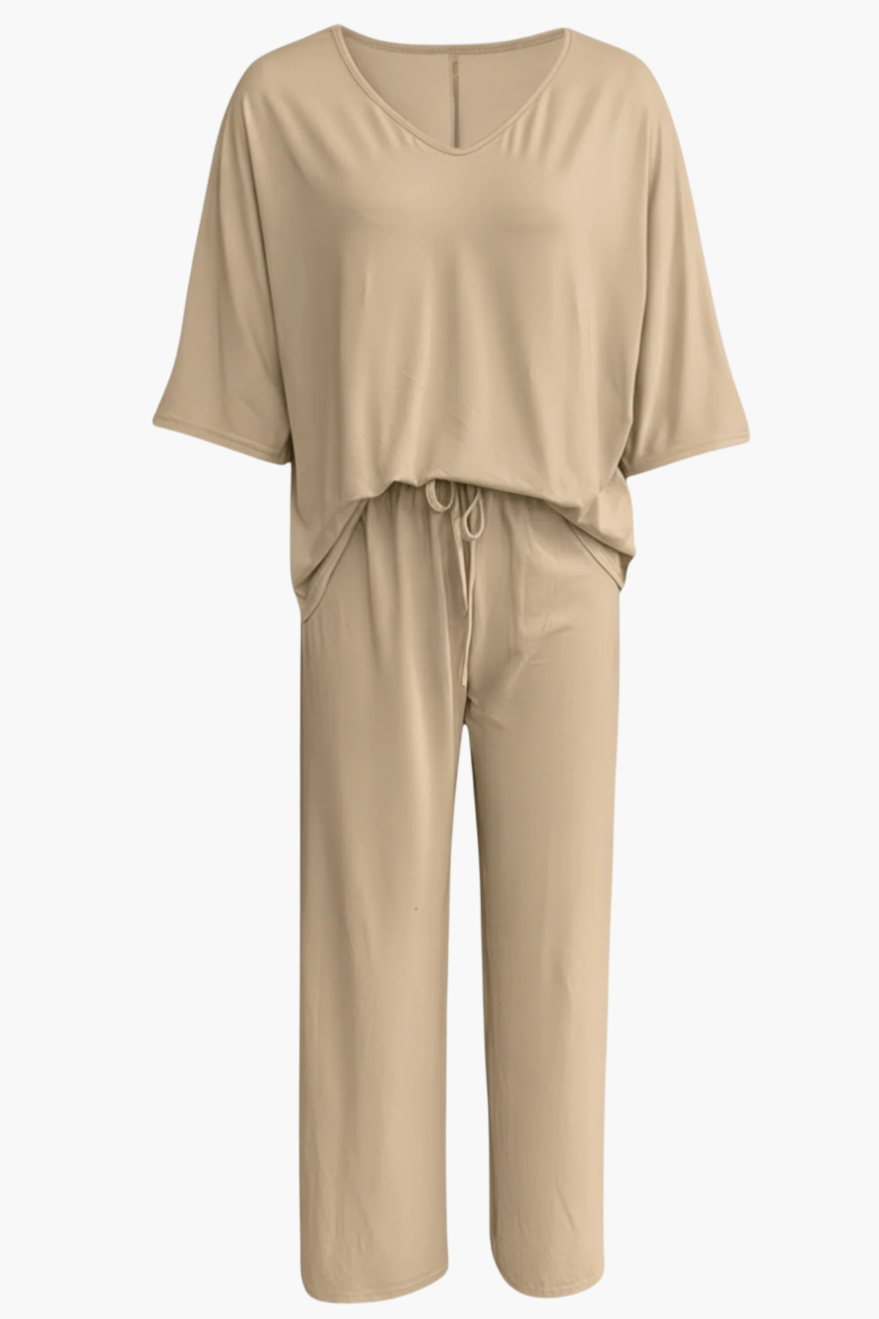 Ensemble Femme 2 Pièces – Haut Col V et Pantalon Large Fluide