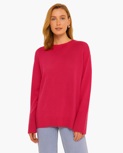 Pull Oversize Femme Col Rond Maille Unie rose fuchsia - vue de face - Melvoire