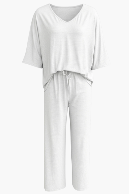 Ensemble Femme 2 Pièces – Haut Col V et Pantalon Large Fluide