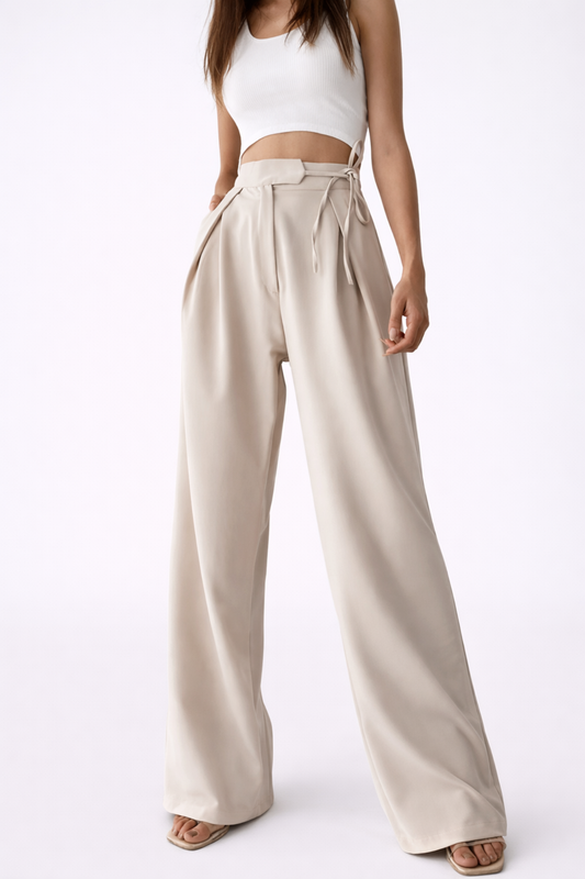 Pantalon Large Femme – Taille Haute Fluide & Détail Noué | Pantalon Jambe Large