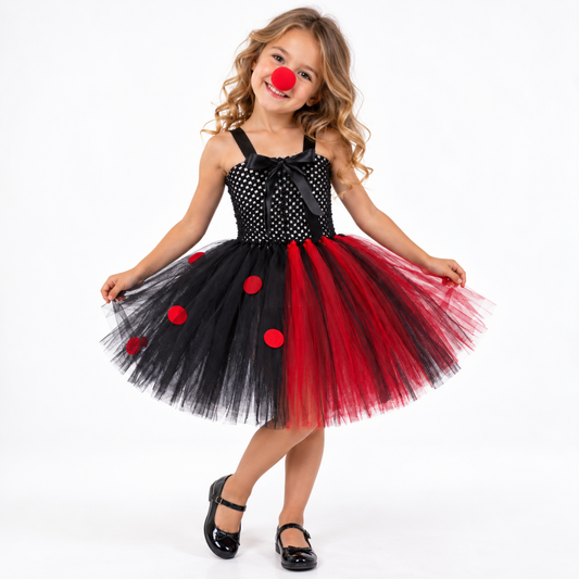 Fillette portant le déguisement de clown, robe tutu noire et rouge à pois avec nez rouge