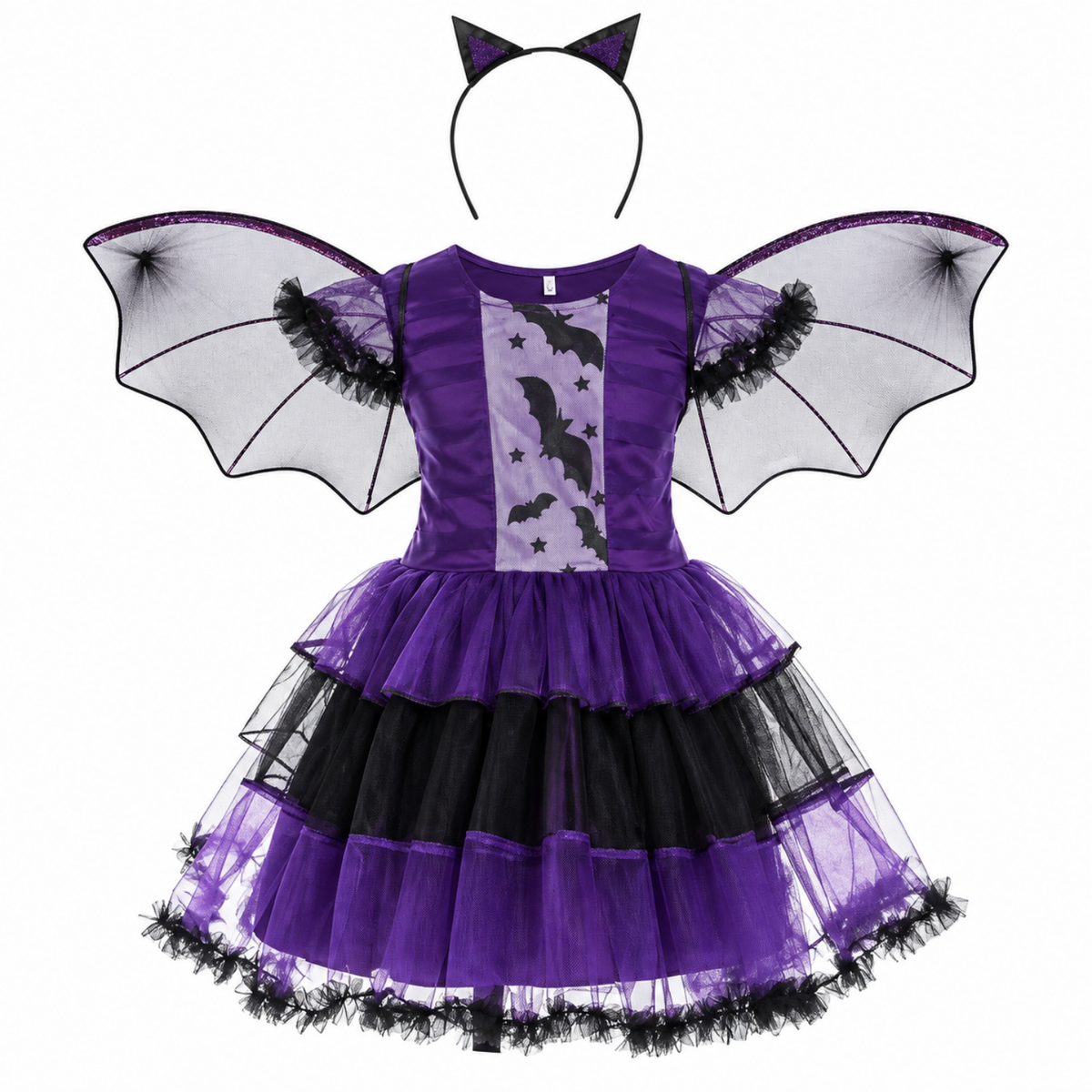 Ensemble sorcière 4 pièces pour fille, modèle robe chauve-souris, vue de face
