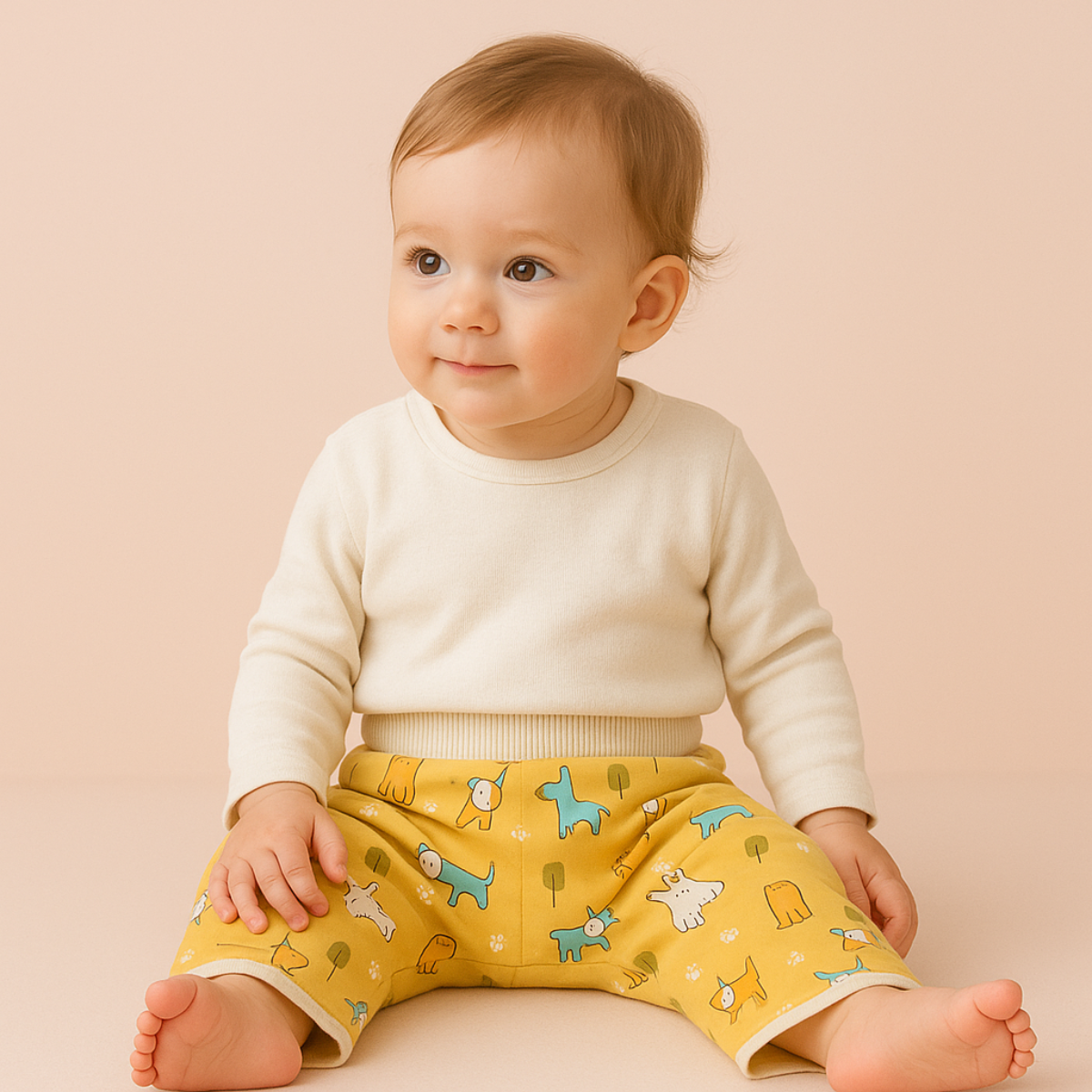 Bébé assis portant le pantalon imprimé chiens jaunes avec un haut crème