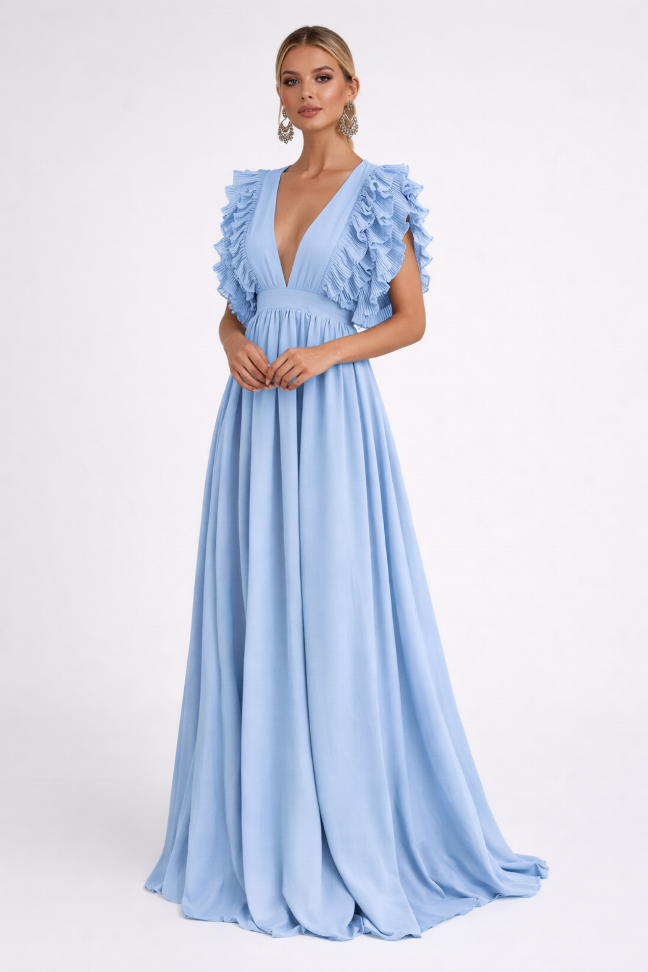 Abito Lungo da Donna Elegante – Scollo Plunging e Volant Romantici