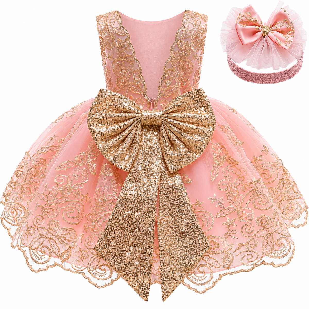 Robe de fête en dentelle rose poudré avec grand nœud pour bébé fille