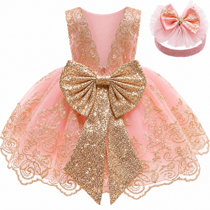 Robe de fête en dentelle rose poudré avec grand nœud pour bébé fille