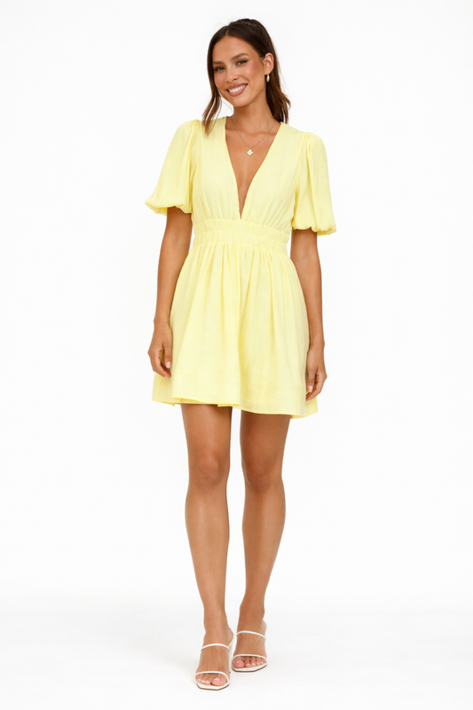 Robe Courte Femme Col V – Fluide & Taille Smockée | Robe Cocktail Élégante Invitée de Mariage