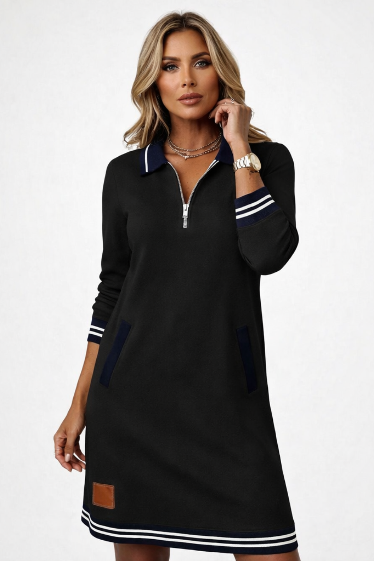 Robe pull femme à col zippé portée en automne