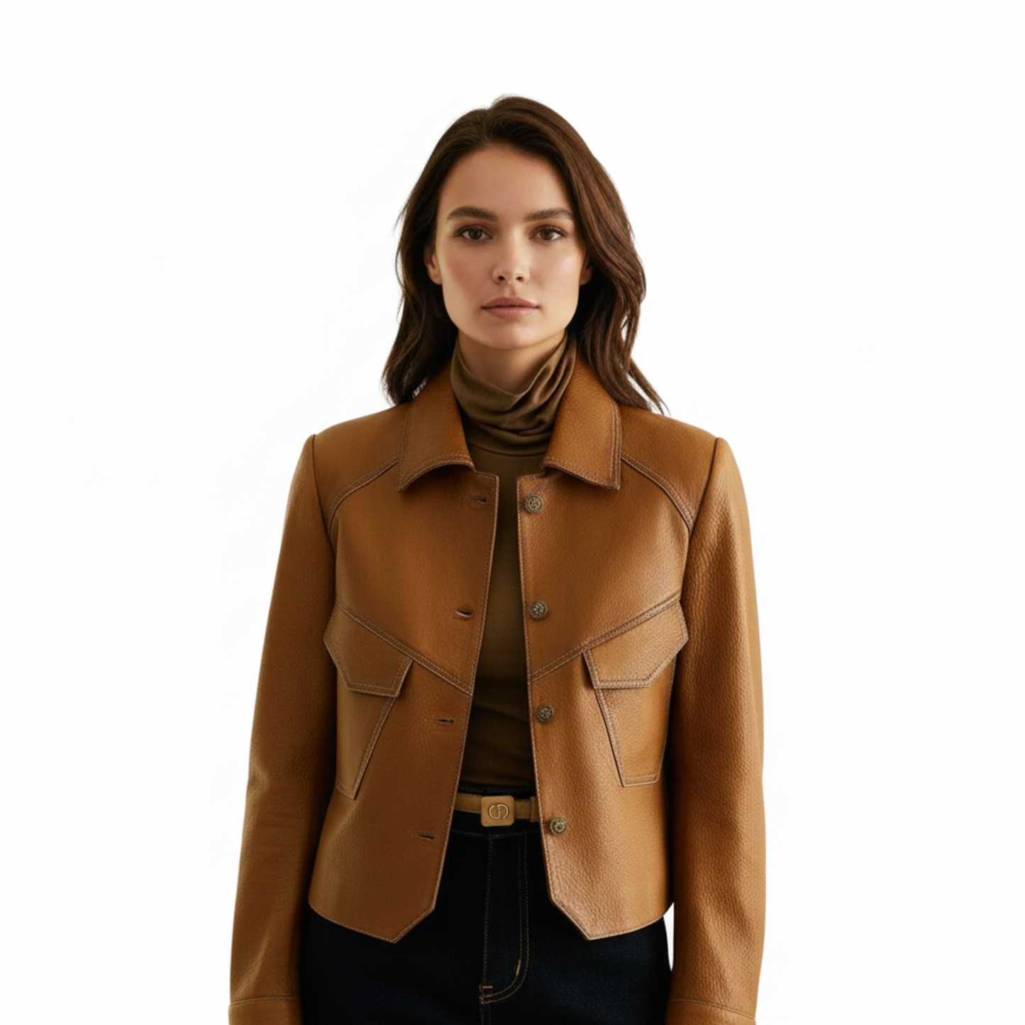 veste aspect cuir marron femme, vue de face taille cintrée
