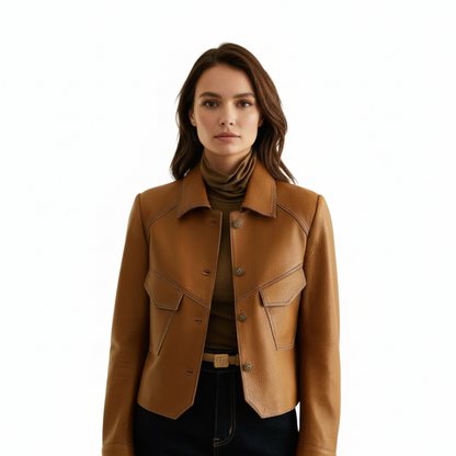 veste aspect cuir marron femme, vue de face taille cintrée
