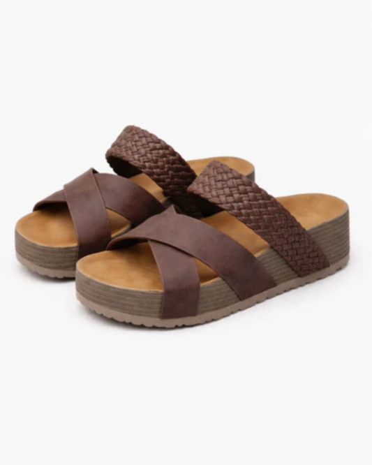 Sandales Compensées Femme – Brides Croisées Tressées & Plateforme Texturée, Confort Estival