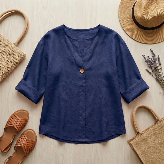 Blouse Femme en Lin – Coupe Fluide et Col en V Respirant | Blouse Lin Décontractée