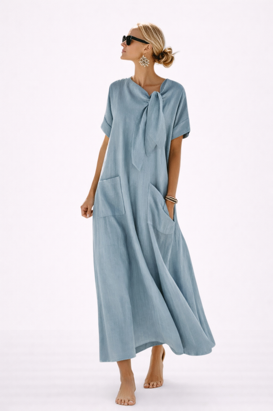 Robe Maxi Femme – Coupe Fluide Décontractée avec Nœud et Poches | Robe Longue Été
