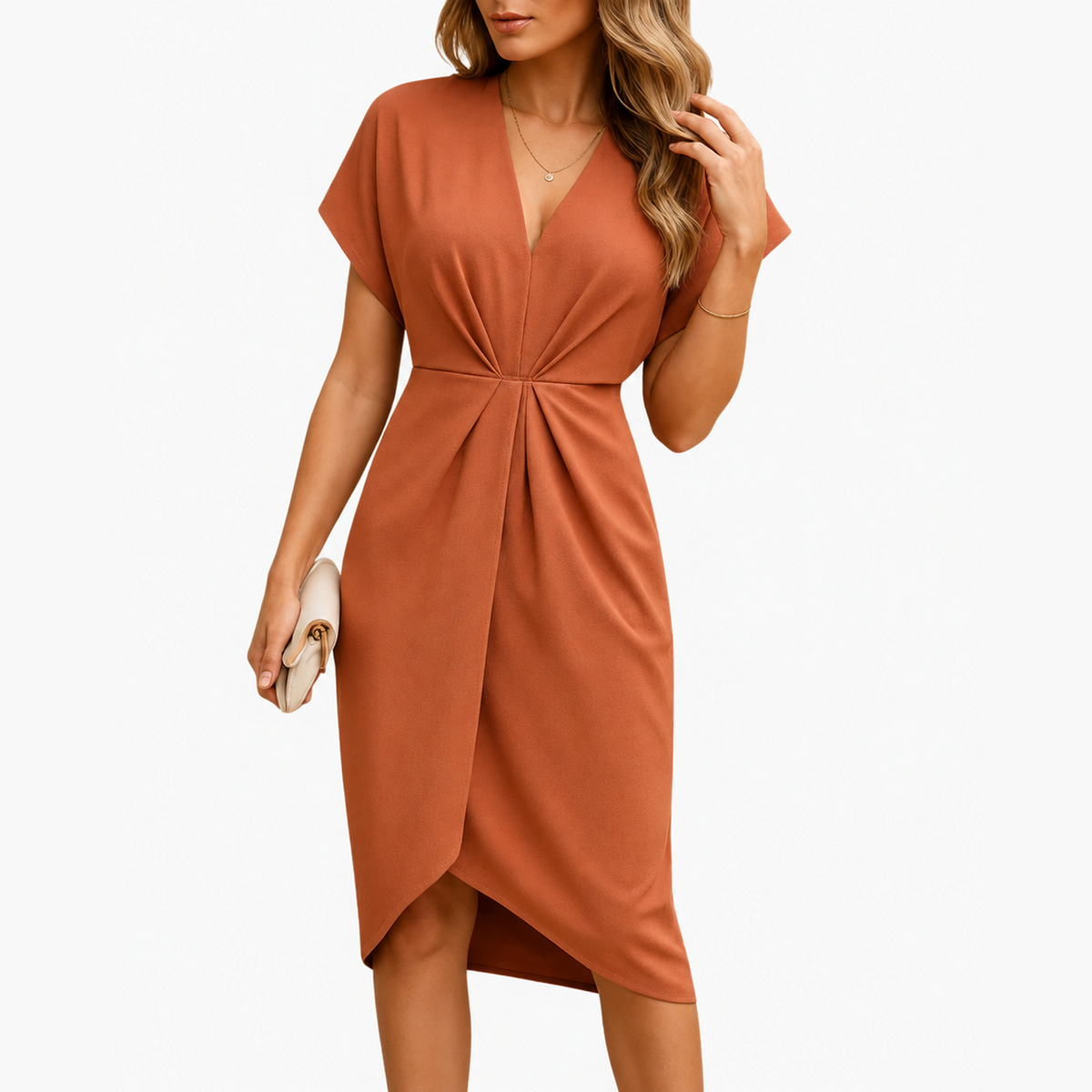 Robe cache-cœur midi orange terracotta à col V et drapé torsadé à la taille, portée de face