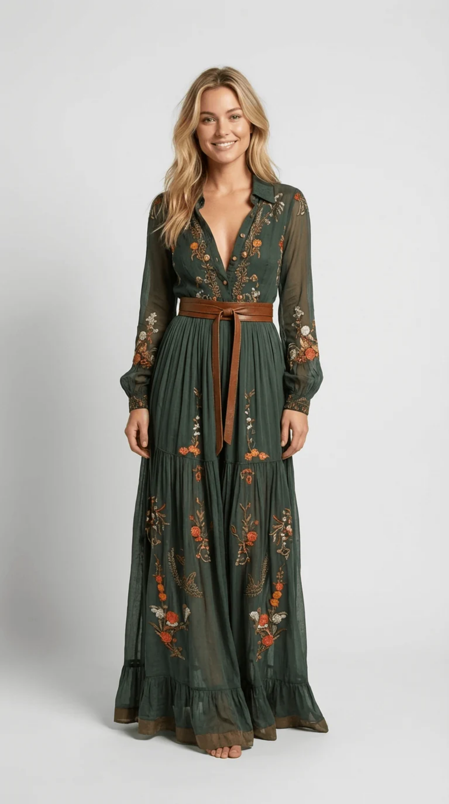 Robe Longue Bohème Femme – Broderies Florales & Coupe Fluide | Robe Maxi Invitée de Mariage