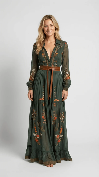 Robe Longue Bohème Femme – Broderies Florales & Coupe Fluide | Robe Maxi Invitée de Mariage