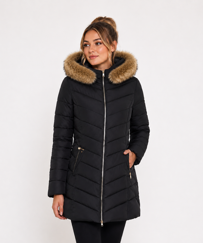 Manteau long femme matelassé à capuche fausse fourrure noir, vue face