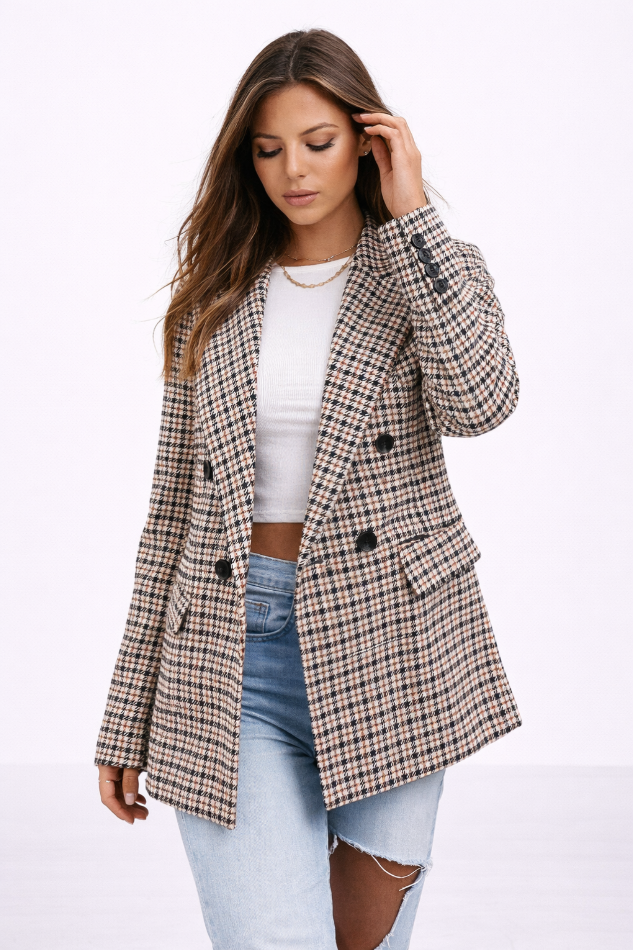Blazer Femme Pied-de-Poule – Veste Croisée Style Tailoring | Tenue Bureau Élégante & Cérémonie