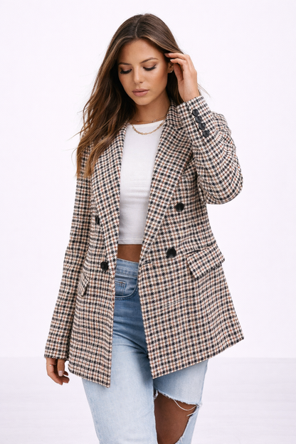 Blazer Femme Pied-de-Poule – Veste Croisée Style Tailoring | Tenue Bureau Élégante & Cérémonie