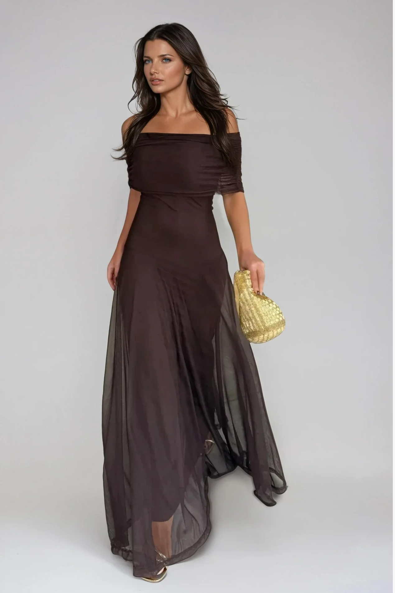 Abito lungo da donna con spalle scoperte – Abito elegante e fluido in maglia trasparente