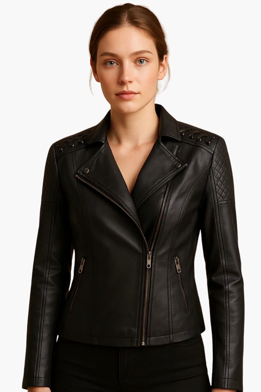 Veste Biker Cuir Femme Coupe Ajustée – Style Rock Chic & Finition Zippée | Soirée & Quotidien