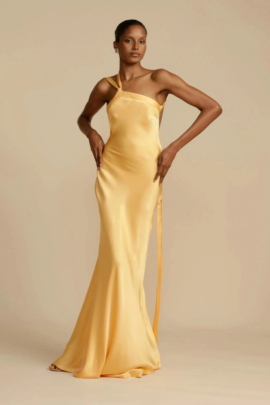 Robe Longue Femme Satinée – Élégante Asymétrique Une Épaule pour Invitée de Mariage | Robe Cocktail Satinée