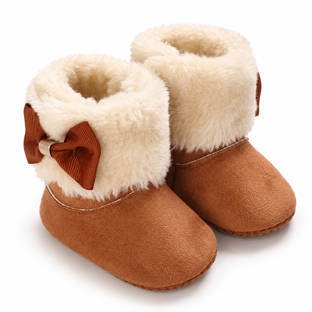 Bottines bébé crème en polaire avec nœud assorti, chaussons d'hiver doux et chauds