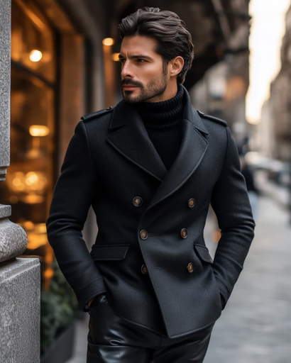 Manteau croisé homme en laine slim fit porté en ville