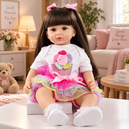 Poupée Reborn Bambin 56cm robe cupcake, gros plan du visage