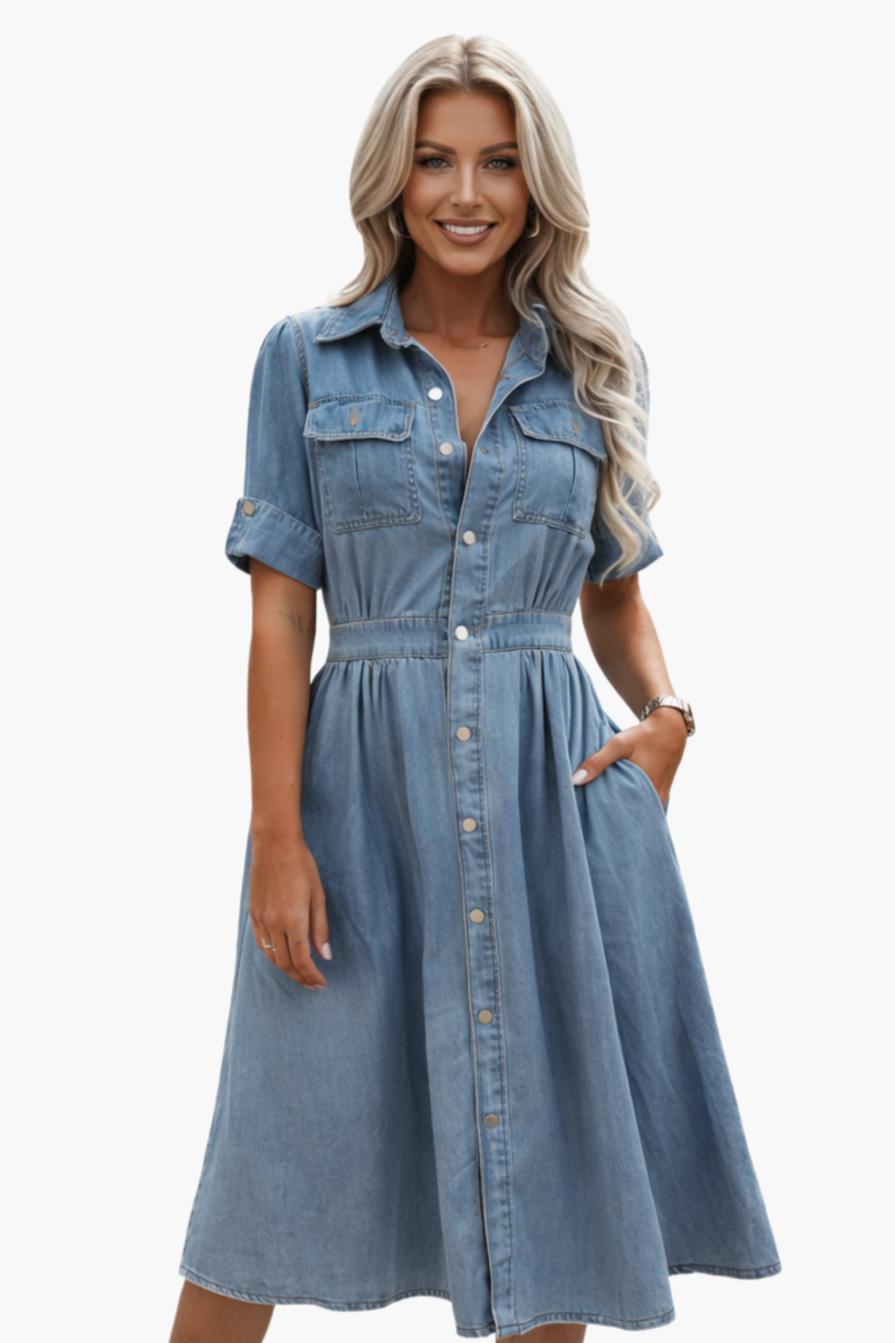 Robe Midi Jean Femme – Coupe Chemise & Taille Marquée, Style Casual Chic Quotidien