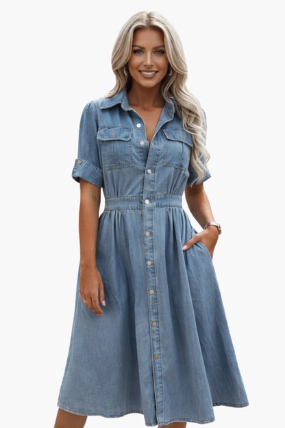 Robe Midi Jean Femme – Coupe Chemise & Taille Marquée, Style Casual Chic Quotidien