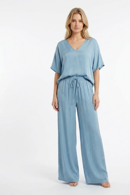 Ensemble Femme 2 Pièces – Haut Col V et Pantalon Large Fluide