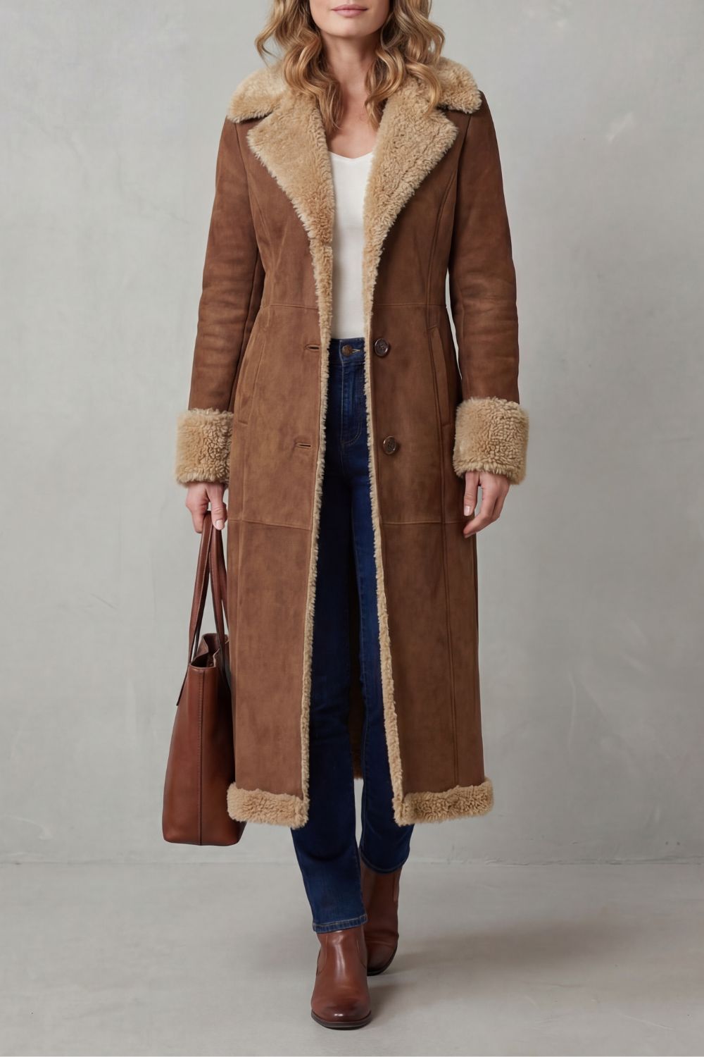 Manteau long doublé peau de mouton, vue de face