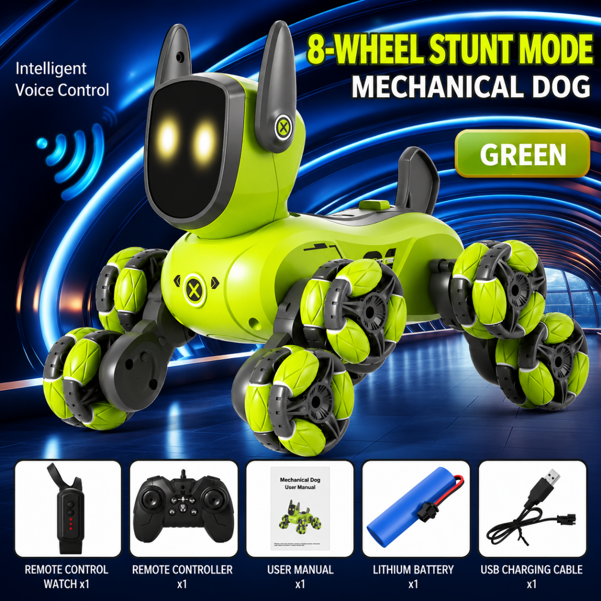 Chien robot RC, vue de face montrant les capteurs, coloris vert