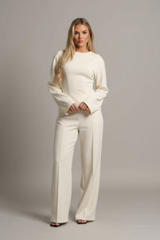 Ensemble Femme Élégant – Haut Ajusté à Manches Longues et Pantalon Large