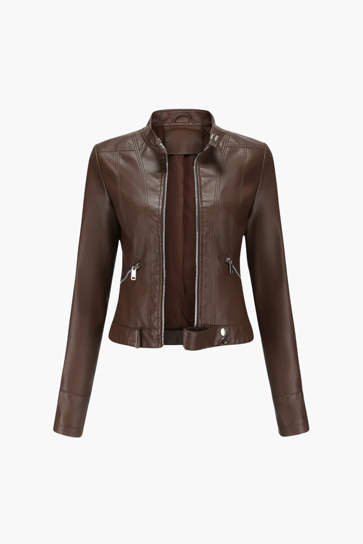 Veste biker femme similicuir noire, coupe ajustée zippée