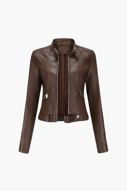 Veste biker femme similicuir noire, coupe ajustée zippée