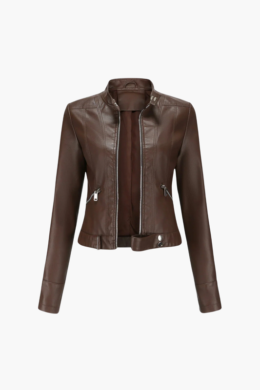 Veste biker femme similicuir noire, coupe ajustée zippée