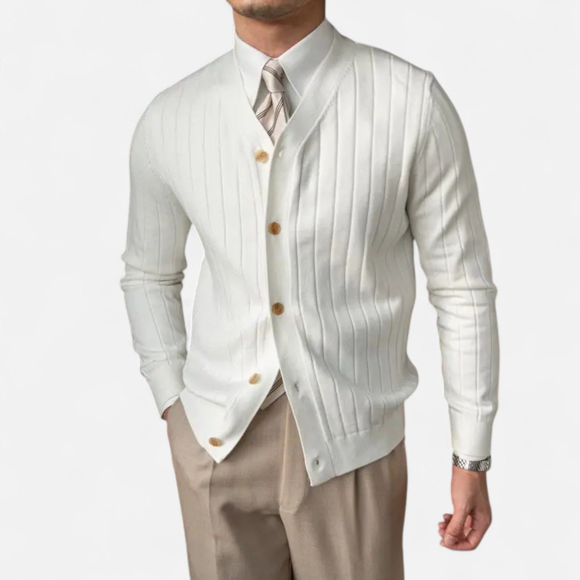 Cardigan homme col V, détail de la maille côtelée