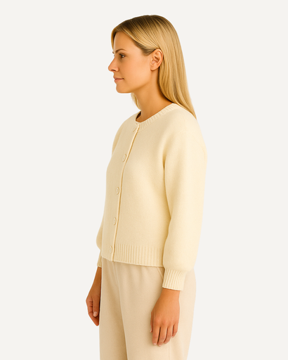 Gilet femme beige à manches bouffantes, vue de profil
