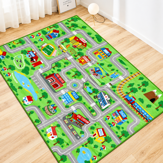 Tapis de jeu enfant imprimé ville grise avec routes et circuits pour voitures