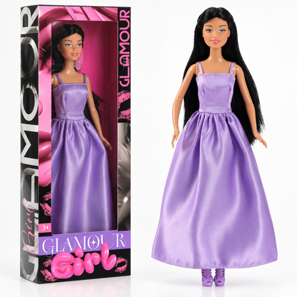 Poupée mannequin articulée en robe de soirée satinée violette, avec son coffret cadeau