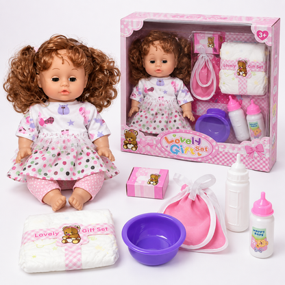 Poupon interactif 32 cm avec biberon et accessoires de soin, vue de face