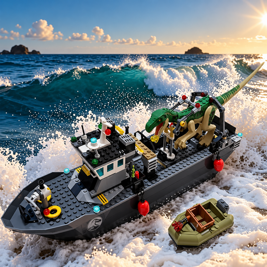 Bateau de capture de dinosaures en briques de construction, 332 pièces – vue principale
