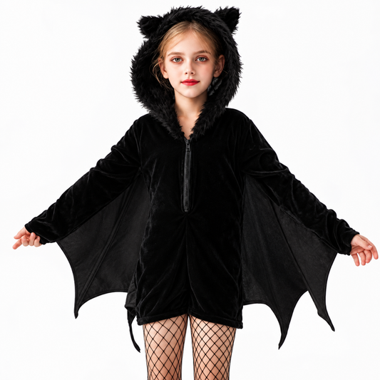 Enfant portant le déguisement chauve-souris, combinaison noire à capuche avec oreilles et ailes déployées