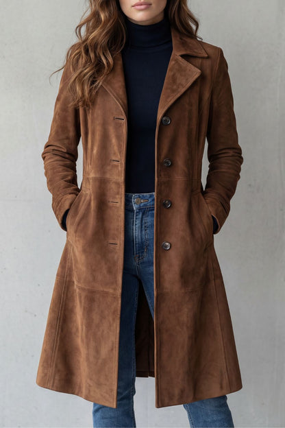 Manteau long vintage effet suédine marron, vue de face