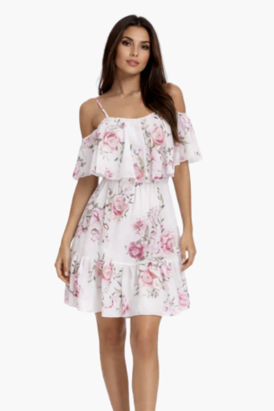 Robe Courte Fleurie Femme – Épaules Dénudées & Volants, Style Estival Élégant