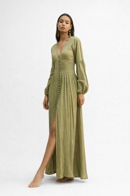Vestito Lungo Donna con Scollo a V – Abito Fluido Elegante a Maniche Lunghe